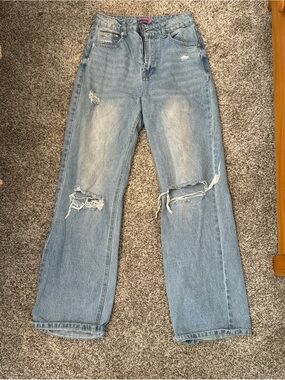 Edikted Light Blue Wide Leg Distressed Jeans